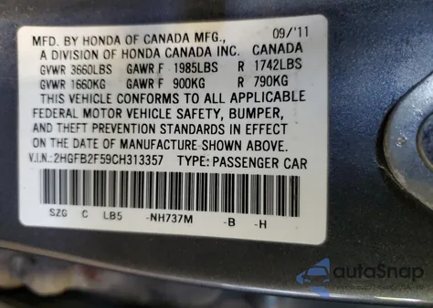 2012 Honda Civic Lx z USA, uszkodzony, nr VIN 2HGFB2F59CH313357